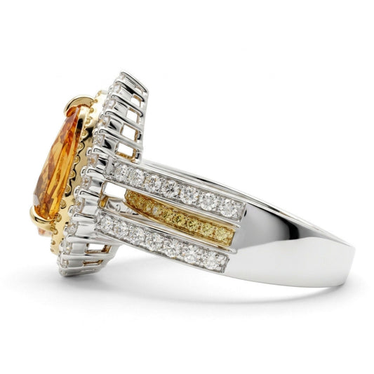 14K 2.15ct Pear Shape Unheated Orange Sapphire 1.02cttw VS Yellow & White Diamond Ring