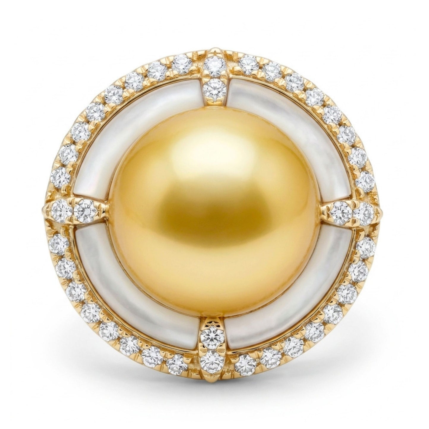 14K 10.5mm South Sea Golden Pearl 0.92ct Free Form Mother of Pearl 0.46cttw White Diamonds Ring