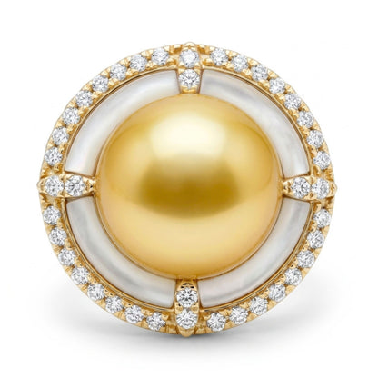14K 10.5mm South Sea Golden Pearl 0.92ct Free Form Mother of Pearl 0.46cttw White Diamonds Ring