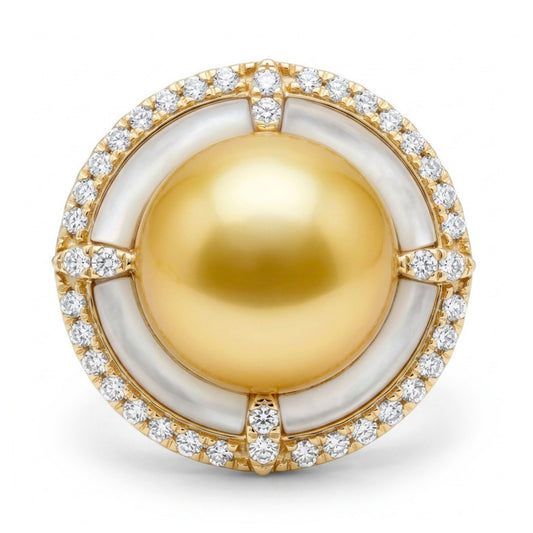 14K 10.5mm South Sea Golden Pearl 0.92ct Free Form Mother of Pearl 0.46cttw White Diamonds Ring