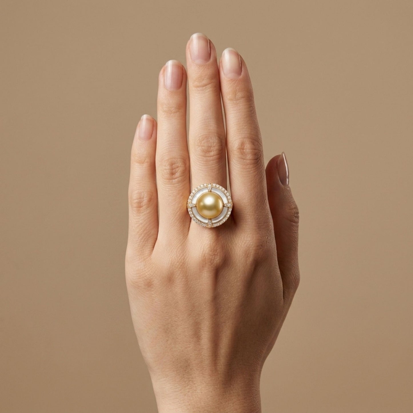 14K 10.5mm South Sea Golden Pearl 0.92ct Free Form Mother of Pearl 0.46cttw White Diamonds Ring
