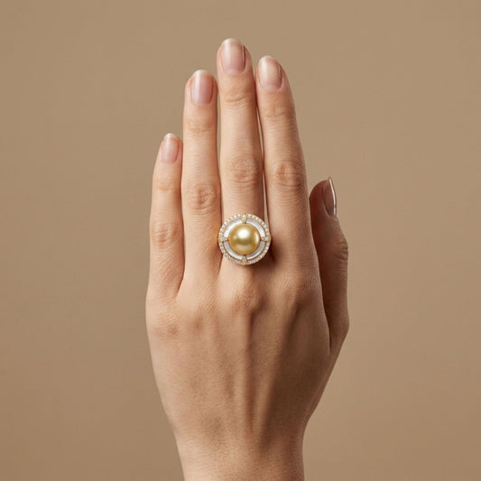 14K 10.5mm South Sea Golden Pearl 0.92ct Free Form Mother of Pearl 0.46cttw White Diamonds Ring