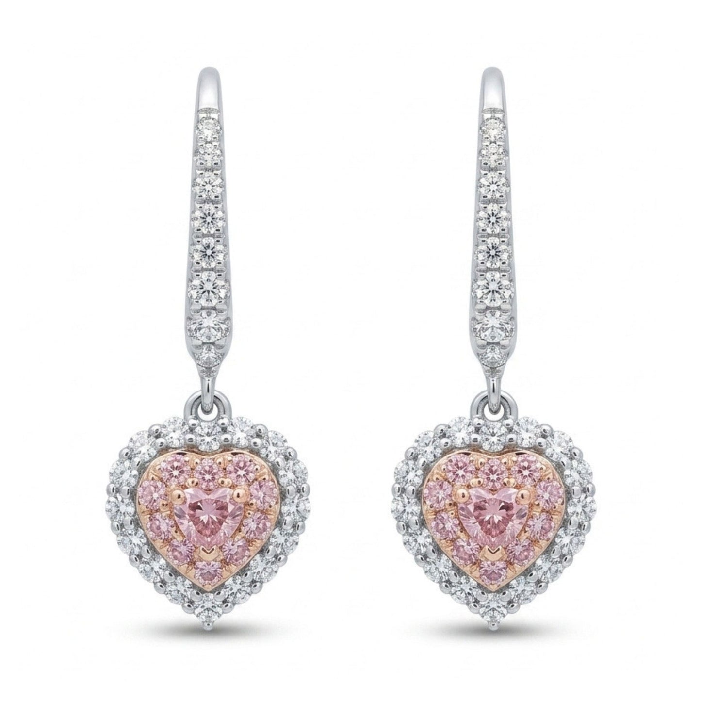 18K 0.15cttw Heart Shape Purple Diamond 0.59cttw Pink & White Diamonds Drop Earrings