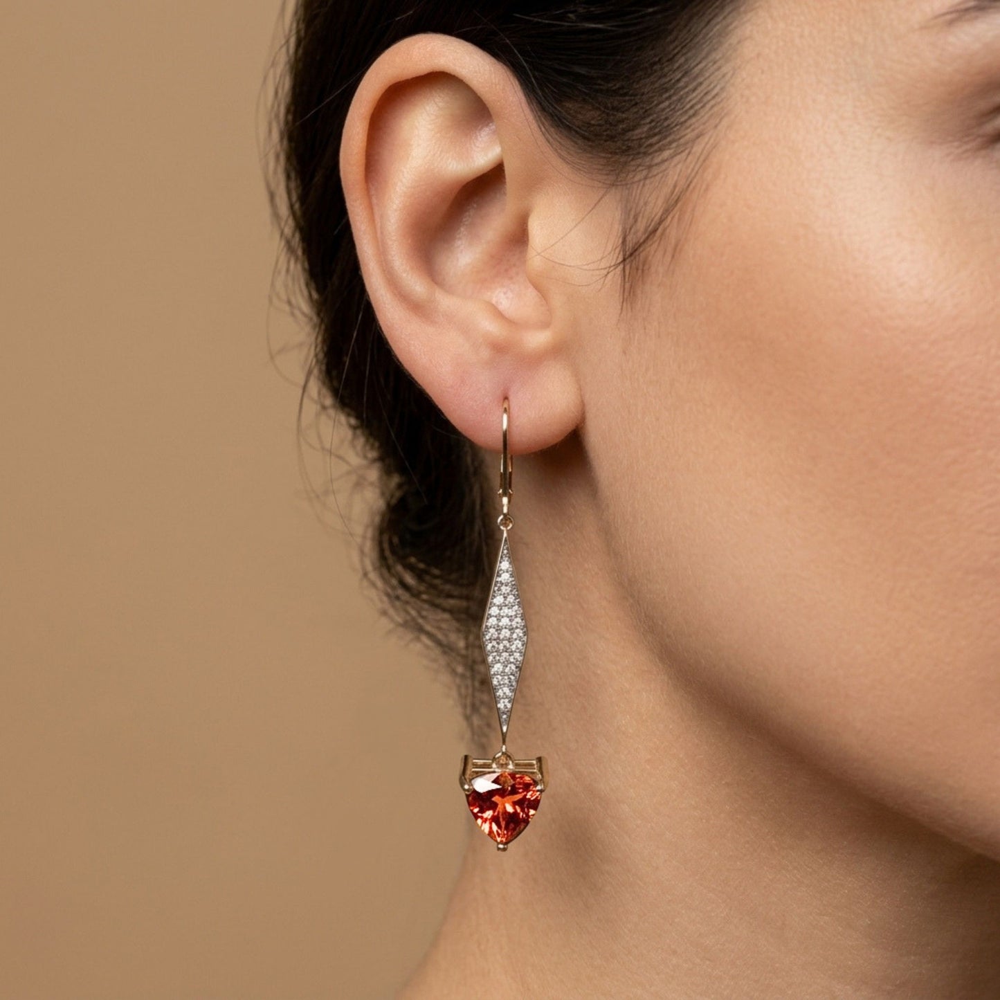 14K 3.37cttw Trilliant Private Collection Mandarin Garnet 0.26cttw VS White Diamonds Drop Earring