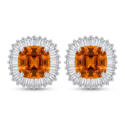 14K 3.04cttw Cushion Mandarin Garnet 0.72cttw VS White Diamonds Stud Earrings
