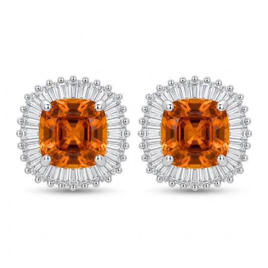 14K 3.04cttw Cushion Mandarin Garnet 0.72cttw VS White Diamonds Stud Earrings
