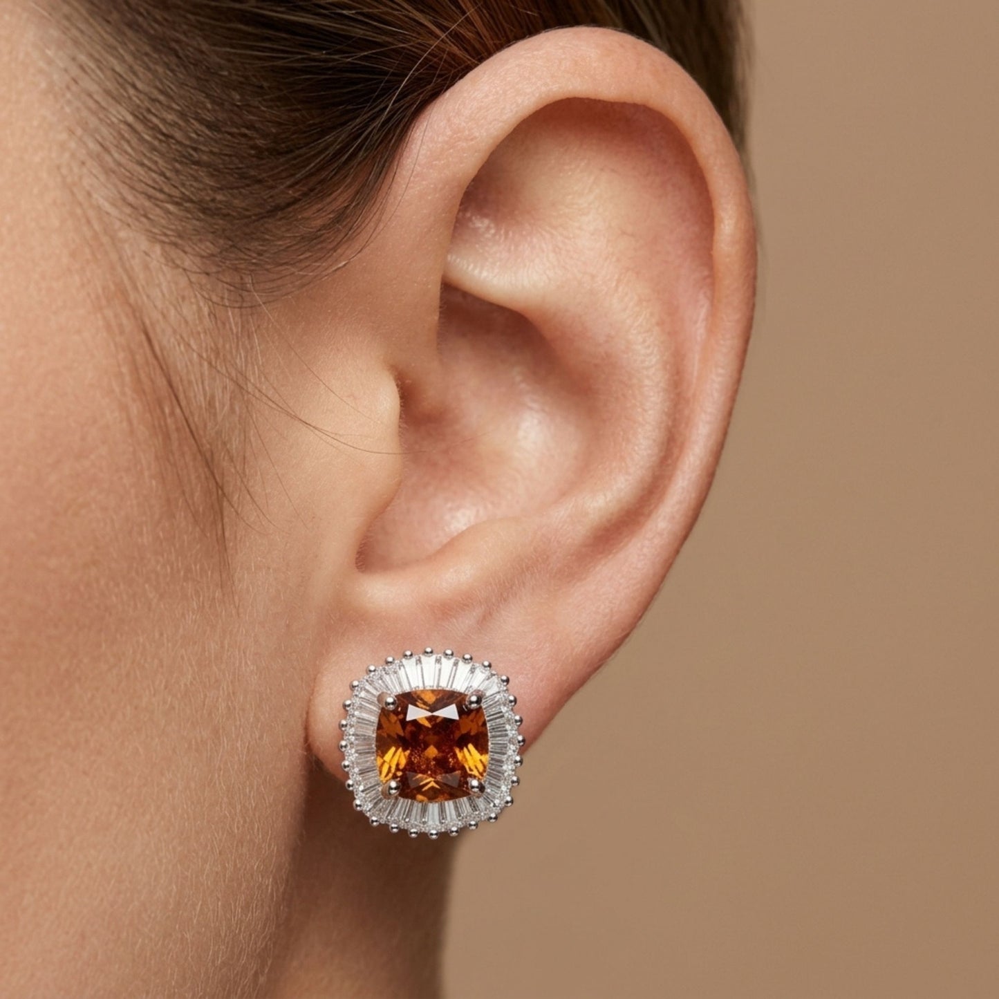 14K 3.04cttw Cushion Mandarin Garnet 0.72cttw VS White Diamonds Stud Earrings