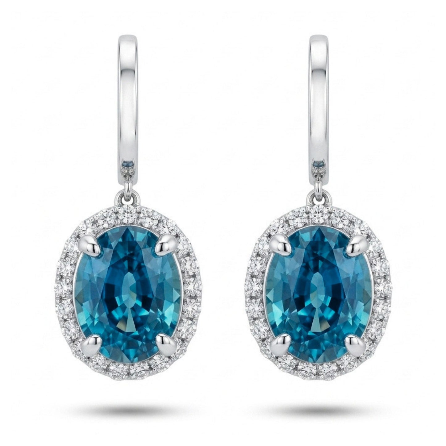 14K 10.52cttw Oval Private Collection Blue Zircon 0.80cttw VS White Diamonds Drop Earrings