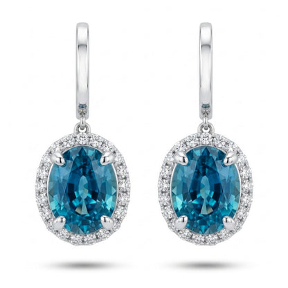 14K 10.52cttw Oval Private Collection Blue Zircon 0.80cttw VS White Diamonds Drop Earrings