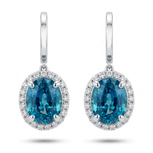 14K 10.52cttw Oval Private Collection Blue Zircon 0.80cttw VS White Diamonds Drop Earrings