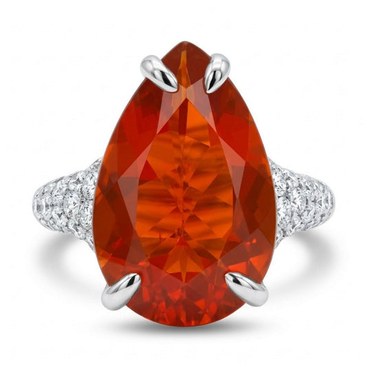 14K 4.54ct Pear Shape Fire Opal 1.06cttw VS White Diamonds Ring