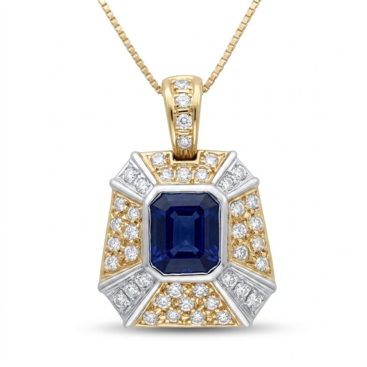 18K 1.81ct Emerald Cut Blue Sapphire 0.50cttw White Diamonds Necklace