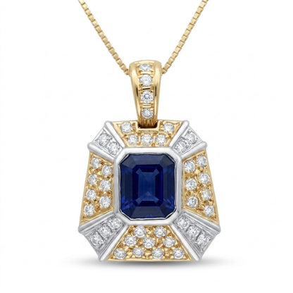 18K 1.81ct Emerald Cut Blue Sapphire 0.50cttw White Diamonds Necklace