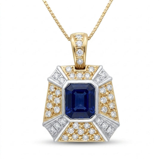 18K 1.81ct Emerald Cut Blue Sapphire 0.50cttw White Diamonds Necklace