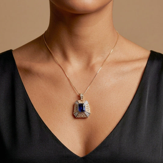 18K 1.81ct Emerald Cut Blue Sapphire 0.50cttw White Diamonds Necklace