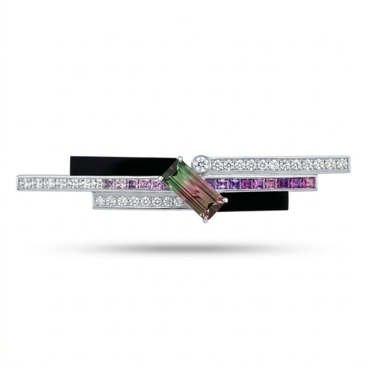 Platinum & 18K 3.08ct Baguette Bi-Color Tourmaline 3.15cttw Sapphire & White Diamonds Brooch