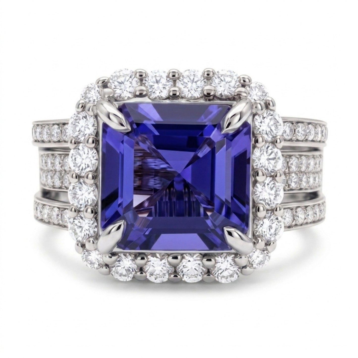 14K 3.06ct Asscher Cut Blue Wing Tanzanite 0.91cttw VS White Diamonds Ring