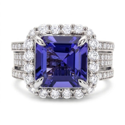 14K 3.06ct Asscher Cut Blue Wing Tanzanite 0.91cttw VS White Diamonds Ring