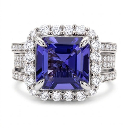 14K 3.06ct Asscher Cut Blue Wing Tanzanite 0.91cttw VS White Diamonds Ring