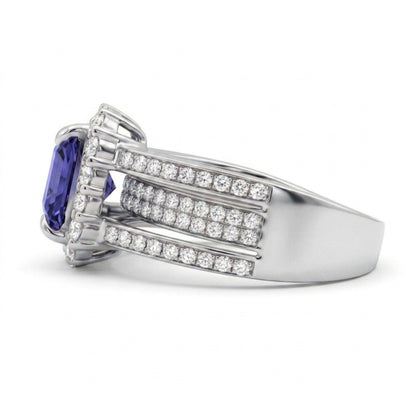 14K 3.06ct Asscher Cut Blue Wing Tanzanite 0.91cttw VS White Diamonds Ring