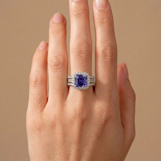 14K 3.06ct Asscher Cut Blue Wing Tanzanite 0.91cttw VS White Diamonds Ring