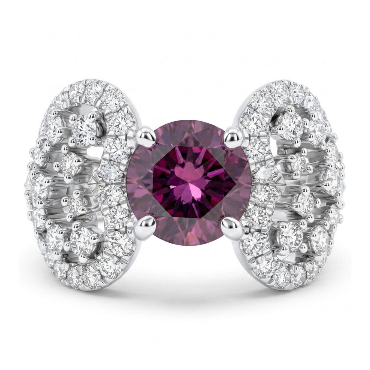 14K gold round Malaya garnet ring with VS white diamonds