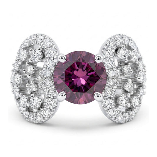 14K 1.51ct Round Malaya Garnet 1.09cttw VS White Diamonds Ring