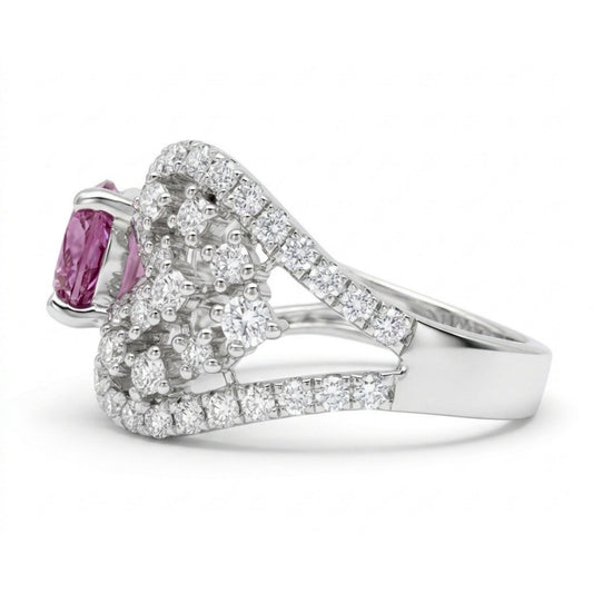 14K 1.51ct Round Malaya Garnet 1.09cttw VS White Diamonds Ring