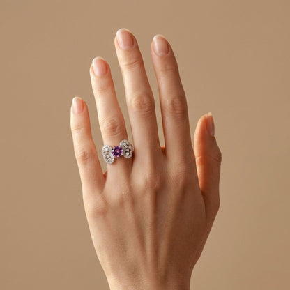 14K gold round Malaya garnet ring with VS white diamonds