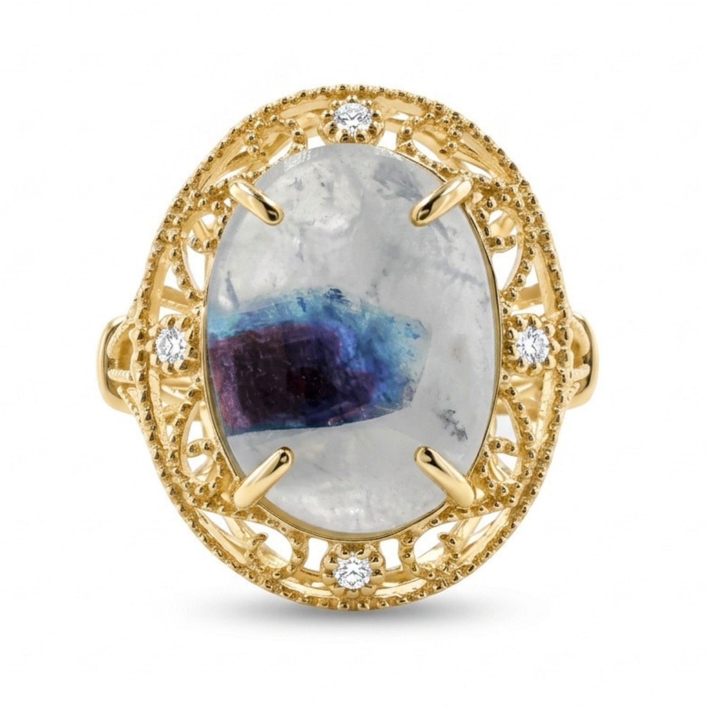14K 6.41ct Oval Brazilian Paraiba in Quartz 0.06cttw VS White Diamonds Ring