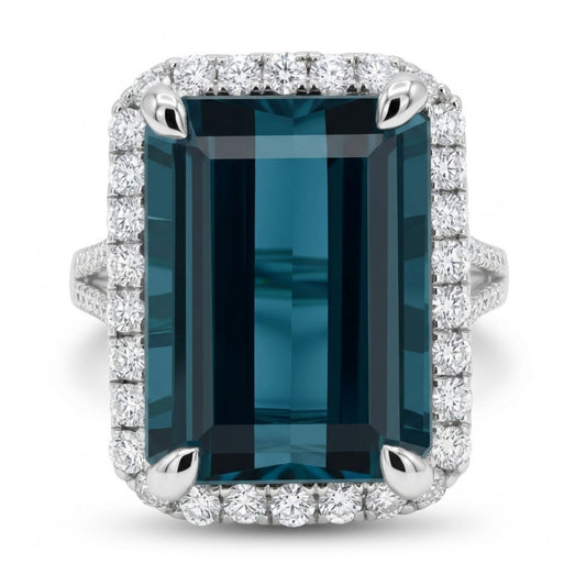 14k 10.35ct Emerald Cut Private Collection Indicolite 0.80cttw VS White Diamonds Ring