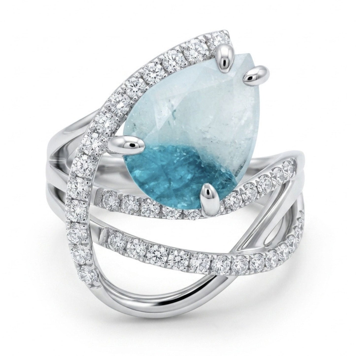14K 3.21ct Pear Shape Brazilian Paraiba in Quartz 0.67cttw VS White Diamonds Ring