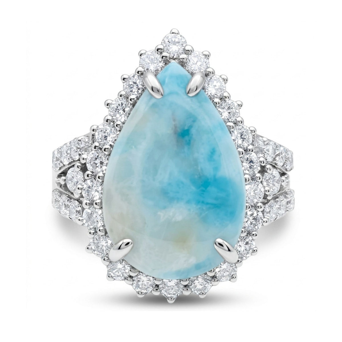 14K gold 5.51ct pear shape Brazilian Paraiba in quartz ring with 1.29cttw VS white diamonds