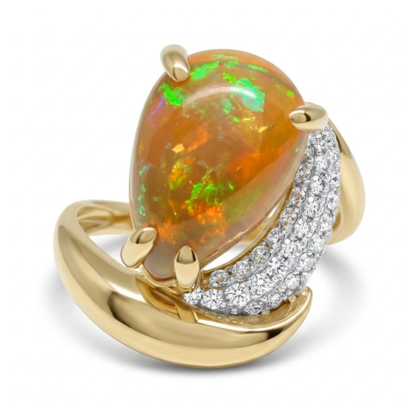 14K 2.74ct Pear Shape Crystal Opal 0.26cttw VS White Diamonds Ring