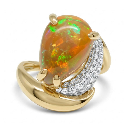 14K 2.74ct Pear Shape Crystal Opal 0.26cttw VS White Diamonds Ring