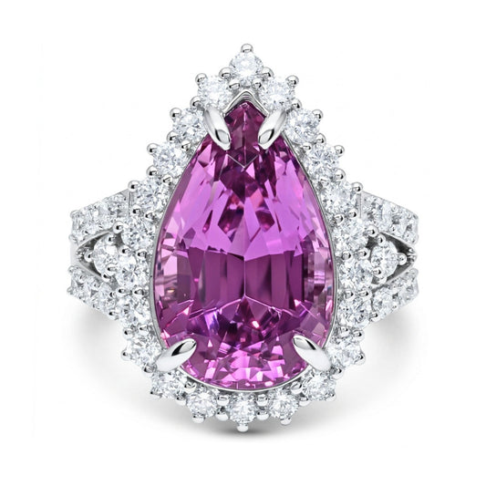 14K 8.44ct Pear Shape Kunzite 1.29cttw VS White Diamonds Ring