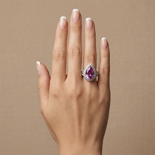 14K 8.44ct Pear Shape Kunzite 1.29cttw VS White Diamonds Ring
