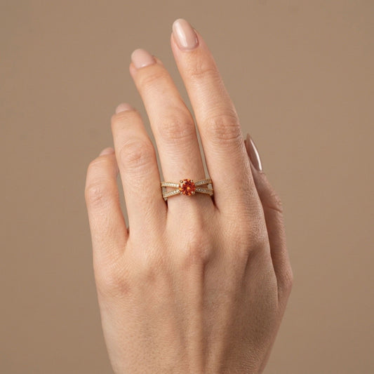 14K 1.00ct Round Mandarin Garnet 0.41cttw VS White Diamonds Ring
