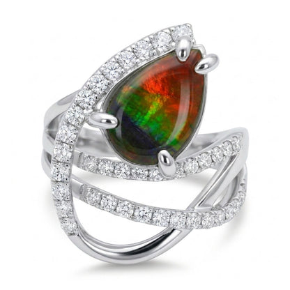 14K 2.20ct Pear Shape Ammolite 0.67cttw VS White Diamonds Ring