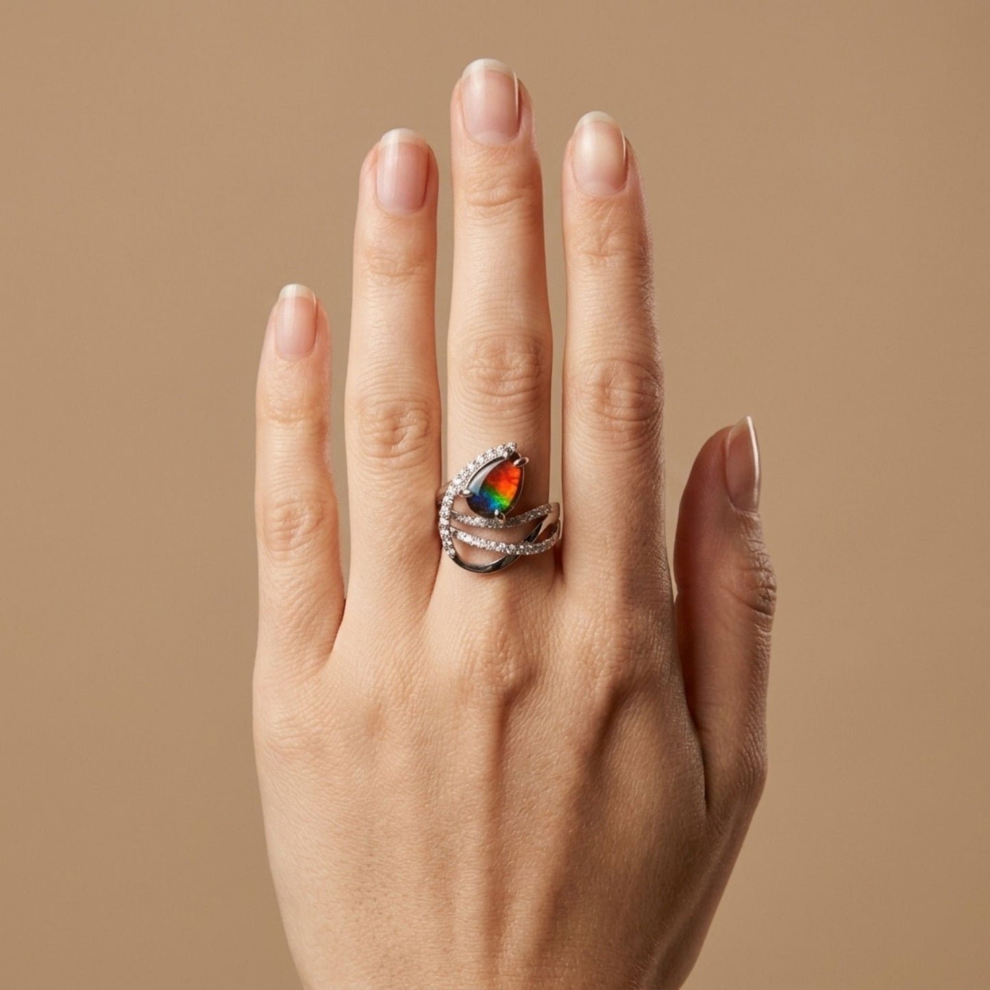 14K 2.20ct Pear Shape Ammolite 0.67cttw VS White Diamonds Ring
