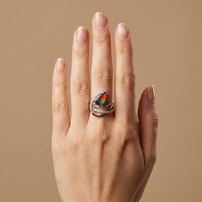 14K 2.20ct Pear Shape Ammolite 0.67cttw VS White Diamonds Ring