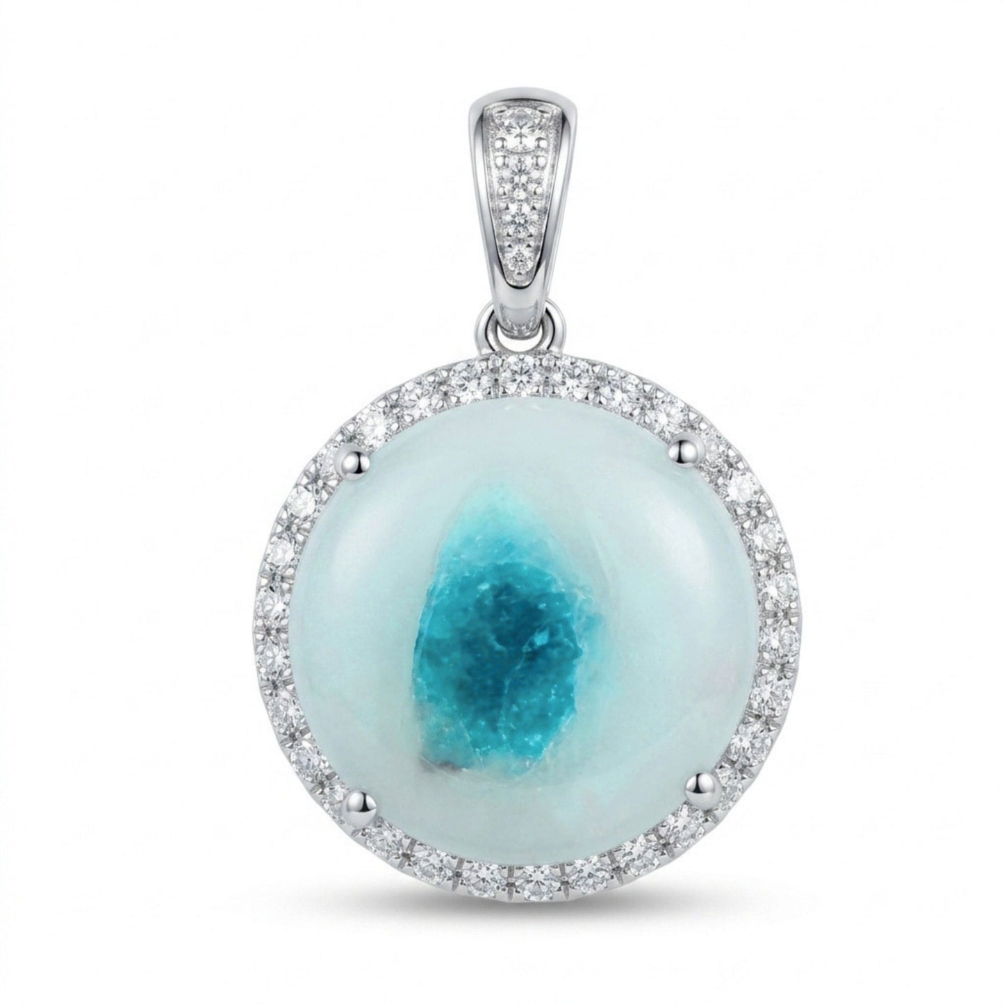 18K 8.39ct Round Brazilian Paraiba in Quartz 0.70cttw VS White Diamonds Pendant