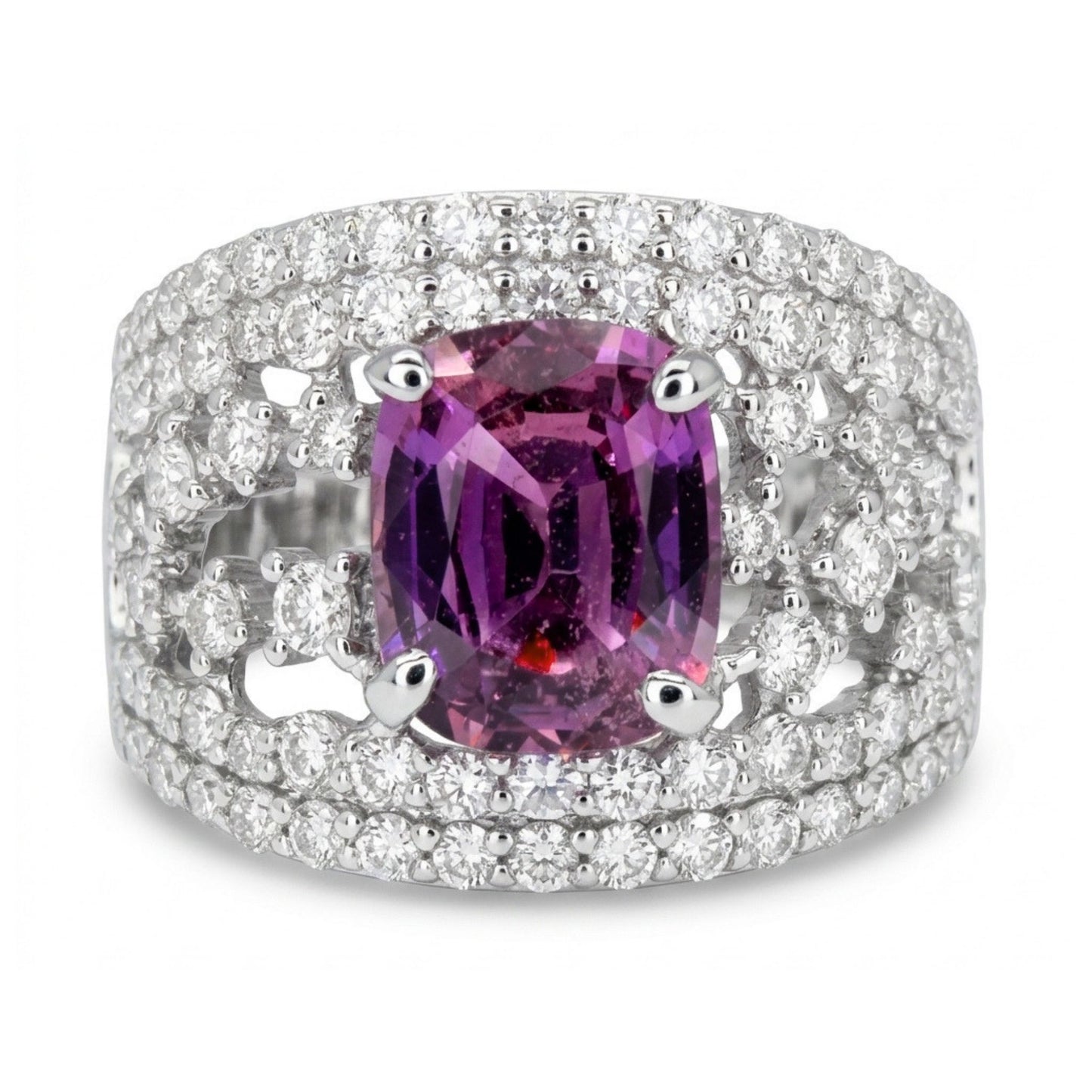 14K 1.82ct Cushion Unheated Purple Sapphire 0.93cttw VS White Diamonds Ring