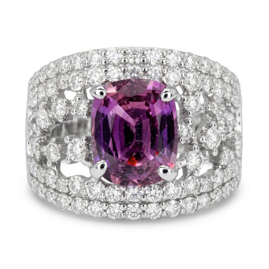 14K 1.82ct Cushion Unheated Purple Sapphire 0.93cttw VS White Diamonds Ring