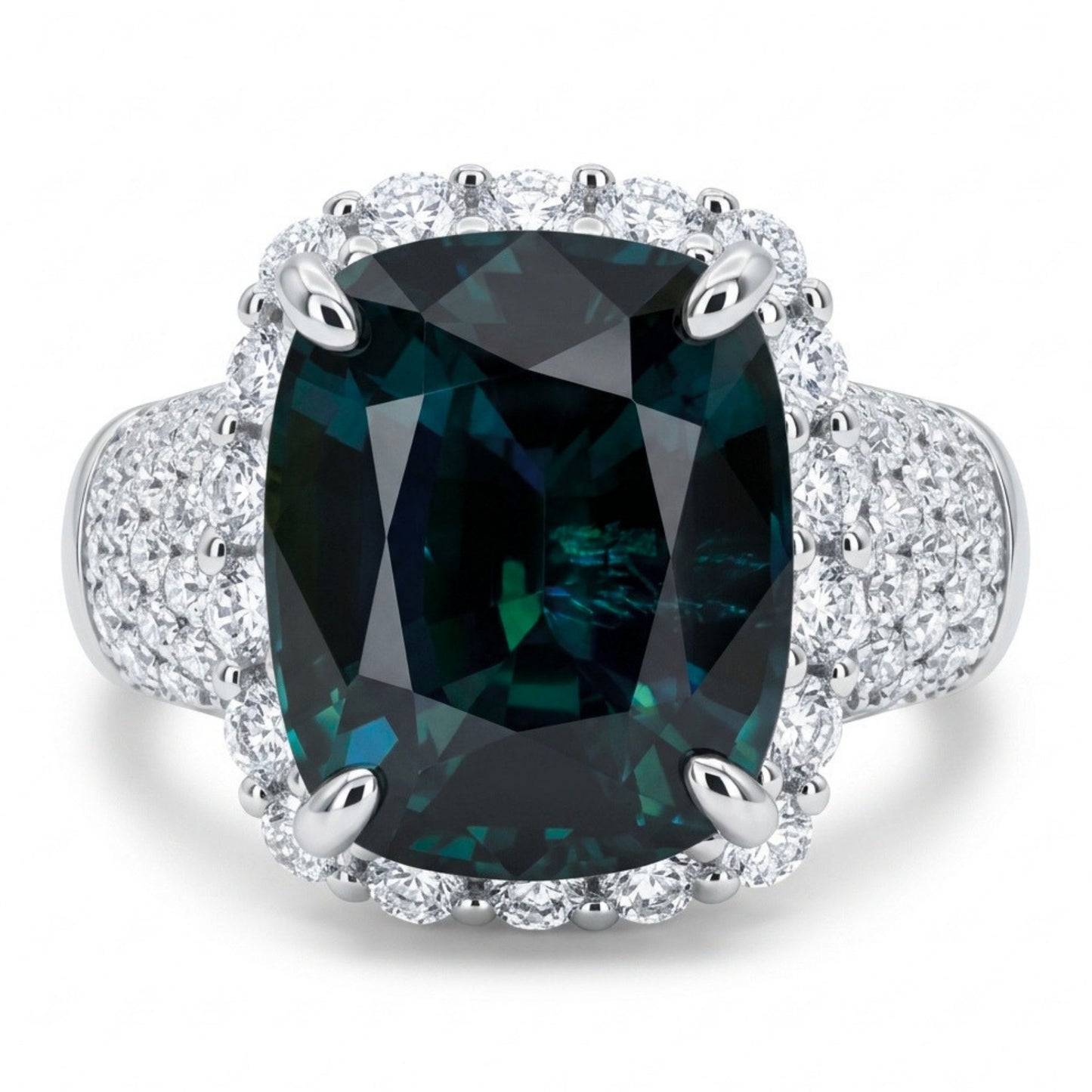 14K 5.49ct Cushion Unheated Teal Sapphire 0.82cttw VS White Diamonds Ring