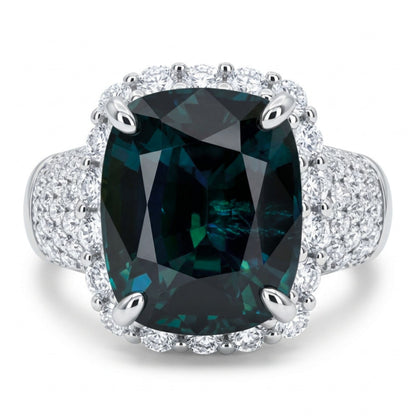 14K 5.49ct Cushion Unheated Teal Sapphire 0.82cttw VS White Diamonds Ring