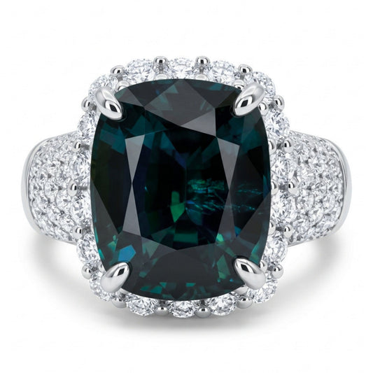 14K 5.49ct Cushion Unheated Teal Sapphire 0.82cttw VS White Diamonds Ring