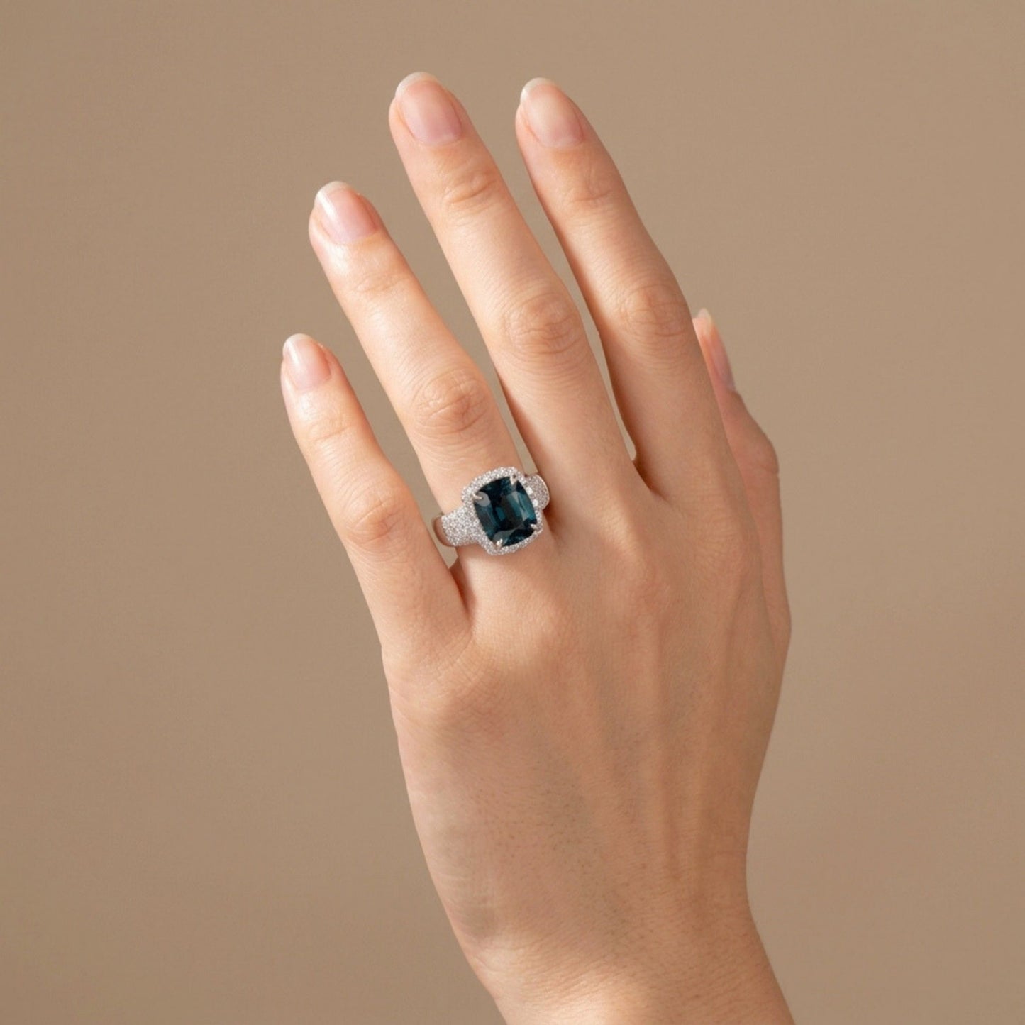 14K 5.49ct Cushion Unheated Teal Sapphire 0.82cttw VS White Diamonds Ring