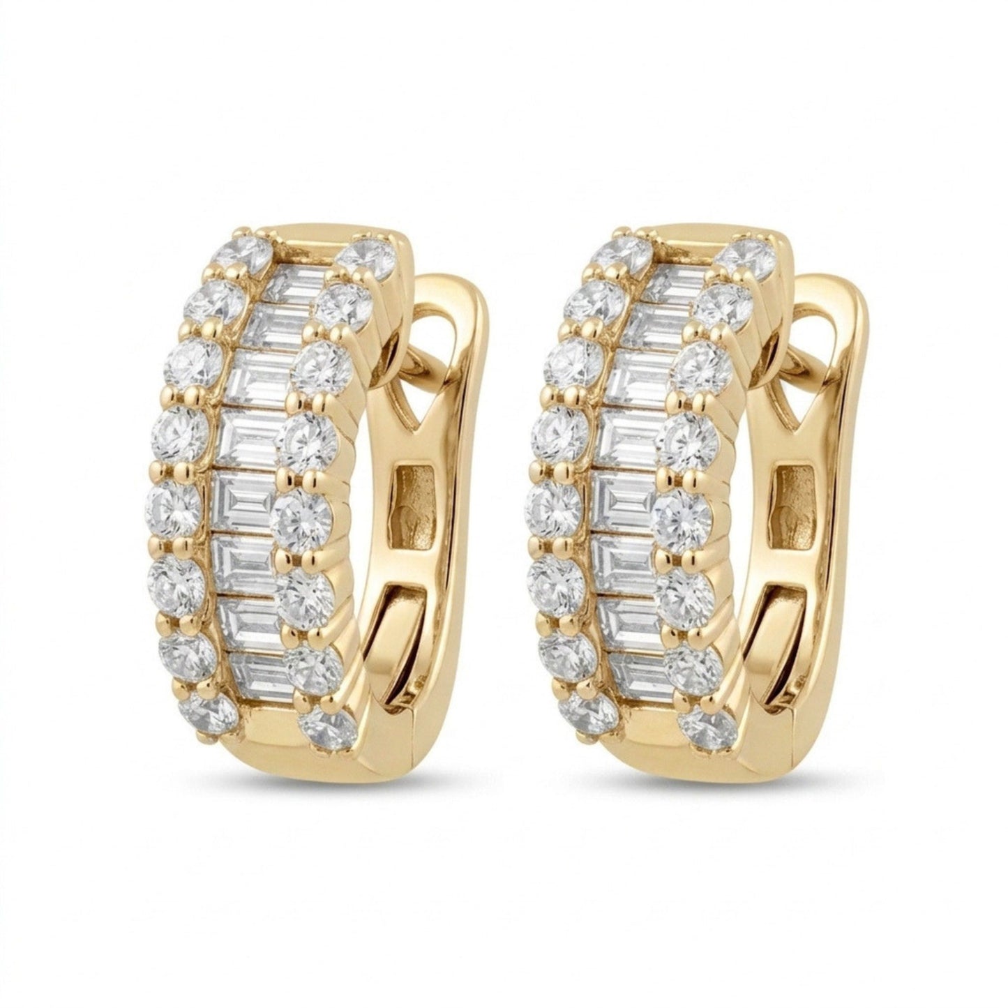 14K 0.75cttw Baguette & Round White Diamonds Huggie Earrings