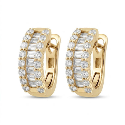 14K 0.75cttw Baguette & Round White Diamonds Huggie Earrings